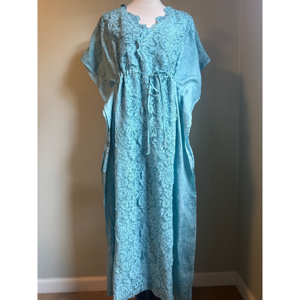Soft Surroundings Blue Lace Maxi Kaftan Dress PXL boho flowy resortwear‎  linen
